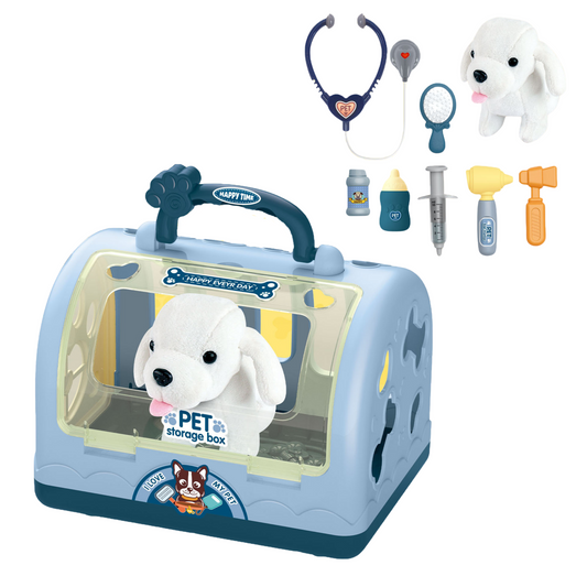 DOG IN CAGE WITH MEDICAL UTR. BLUE
