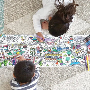 OOLY Färgläggningsaffisch Panorama Seaside Animal Town 180x30 cm