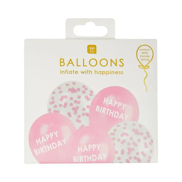 Ballonger 5-pack Happy Birthday Rosa Konfetti