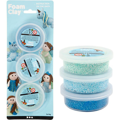 Modellera Foam Clay® Glitter Metallic Blå, Ljusblå, Grön 3×14 g