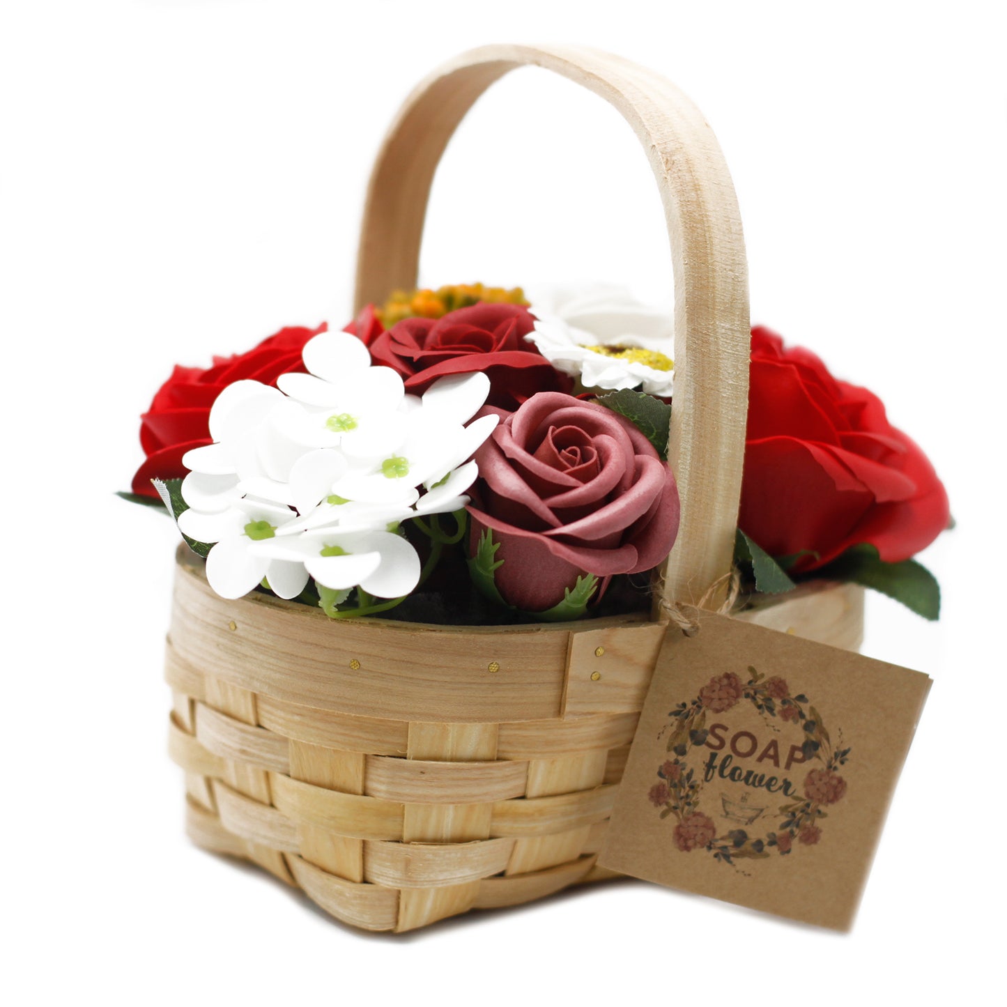 Soap Flowers Red Bouquet Wicker Basket 9 pcs