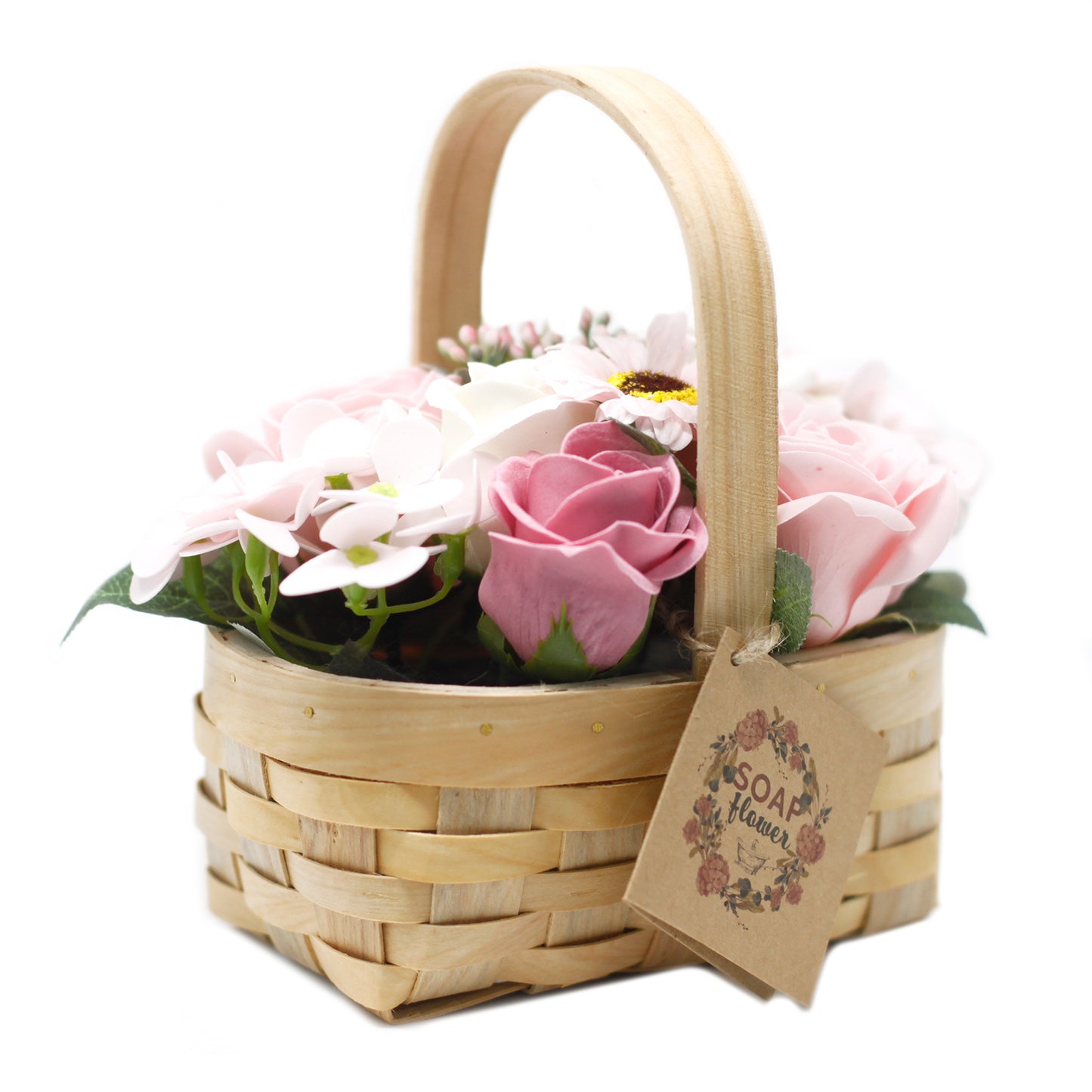 Ancient Wisdom 9 pcs, Soap Flowers Pink Bouquet Braided Basket