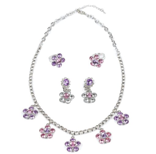 Smyckesset 5-delar Halsband, 2xRing & Clipsörhängen Lila/Rosa - Audrey